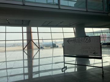 The entire building of Terminal 3-D of the Beijing Capital International Airport is used for channelling returnees from overseas destinations. The white board writes: AirChina staff please go to D53. (Photo by author.)